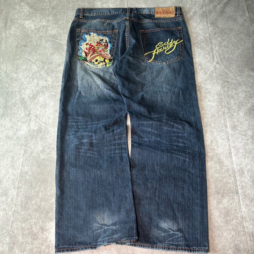 Y2K Ed Hardy Mens Pirate Skull Embroidery Wide Leg Jeans Dark Wash 38x32 GRAIL